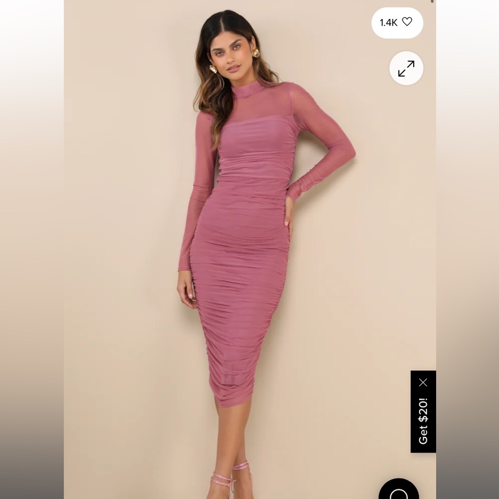 💘NWT Lulu’s Impressive Flirt Dusty Rose Mesh Ruched Mock Neck Midi Dress